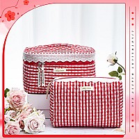 Zeyune 2 Pcs Cotton Quilted Makeup Bag Large Travel Coquette Cosmetic Bag Aesthetic Cute Floral Cherry Peony Toiletry Organize