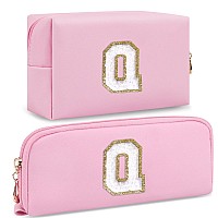 2 Pcs Pink Personalized Initial Letter Makeup Bag Small Cute Pu Leather Chenille Letter Cosmetic Bag Toiletry Bag Portable Pre