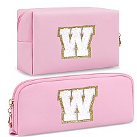 2 Pcs Pink Personalized Initial Letter Makeup Bag Small Cute Pu Leather Chenille Letter Cosmetic Bag Toiletry Bag Portable Pre