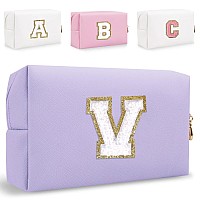 Small Personalized Initial Letter Makeup Bag Cute Waterproof Pu Leather Chenille Letter Cosmetic Bag Travel Makeup Bag Preppy