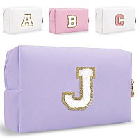 Small Personalized Initial Letter Makeup Bag Cute Waterproof Pu Leather Chenille Letter Cosmetic Bag Travel Makeup Bag Preppy