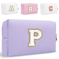 Small Personalized Initial Letter Makeup Bag Cute Waterproof Pu Leather Chenille Letter Cosmetic Bag Travel Makeup Bag Preppy