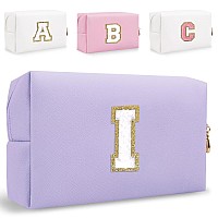 Small Personalized Initial Letter Makeup Bag Cute Waterproof Pu Leather Chenille Letter Cosmetic Bag Travel Makeup Bag Preppy