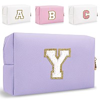 Small Personalized Initial Letter Makeup Bag Cute Waterproof Pu Leather Chenille Letter Cosmetic Bag Travel Makeup Bag Preppy