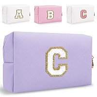 Small Personalized Initial Letter Makeup Bag Cute Waterproof Pu Leather Chenille Letter Cosmetic Bag Travel Makeup Bag Preppy