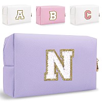 Small Personalized Initial Letter Makeup Bag Cute Waterproof Pu Leather Chenille Letter Cosmetic Bag Travel Makeup Bag Preppy