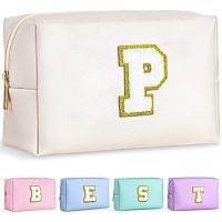 Topeast Personalized Makeup Bag Chenille Letter Pouch Cosmetic Bag W Zipper Pu Leather Waterproof Toiletry Bag Bridal Shower