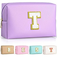 Topeast Preppy Stuff For Girls Initial Makeup Bag Chenille Letter Pouch Cosmetic Bag With Zipper Pu Leather Waterproof Toiletr