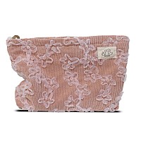 Happyheidi Corduroy Floral Makeup Bag Cosmetic Travel Pouch Make Up Purse Organizer Embroidered Lace Flowerspurplepink