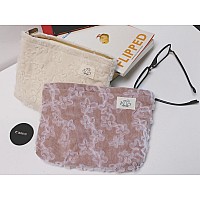 Happyheidi Corduroy Floral Makeup Bag Cosmetic Travel Pouch Make Up Purse Organizer Embroidered Lace Flowerspurplepink