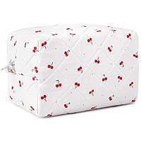 Soidram Cute Makeup Bag Quilted Cosmetic Bag Puffy Coquette Makeup Pouch Aesthetic Cherry Travel Toiletry Bag Organizer Cotton M