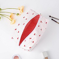 Soidram Cute Makeup Bag Quilted Cosmetic Bag Puffy Coquette Makeup Pouch Aesthetic Cherry Travel Toiletry Bag Organizer Cotton M