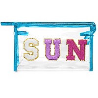 Y1Tvei Clear Sun Makeup Bag Preppy Purple Sun Chenille Varsity Letter Cosmetic Bag Pvc Transparent Zipper Waterproof Beach Mak