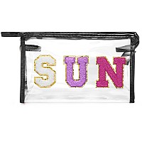 Y1Tvei Clear Sun Makeup Bag Preppy Purple Sun Chenille Varsity Letter Cosmetic Bag Pvc Transparent Zipper Waterproof Beach Mak