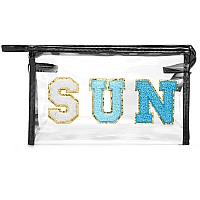 Y1Tvei Clear Sun Makeup Bag Preppy Blue Sun Chenille Varsity Letter Cosmetic Bag Pvc Transparent Zipper Waterproof Beach Makeu