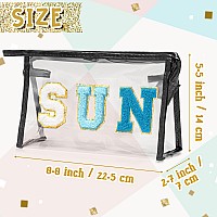 Y1Tvei Clear Sun Makeup Bag Preppy Blue Sun Chenille Varsity Letter Cosmetic Bag Pvc Transparent Zipper Waterproof Beach Makeu