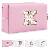 Initial Letter Patch Makeup Bag Small Preppy Az Glitter Letter Cosmetic Bag Pu Leather Waterproof Travel Toiletry Bagcute Ma