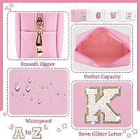 Initial Letter Patch Makeup Bag Small Preppy Az Glitter Letter Cosmetic Bag Pu Leather Waterproof Travel Toiletry Bagcute Ma