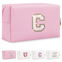 Personalized Initial Letter Makeup Bag Preppy Glitter Letter Patch Cosmetic Pouch Zipper Pu Waterproof Travel Toiletry Bag Cute