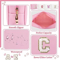 Personalized Initial Letter Makeup Bag Preppy Glitter Letter Patch Cosmetic Pouch Zipper Pu Waterproof Travel Toiletry Bag Cute