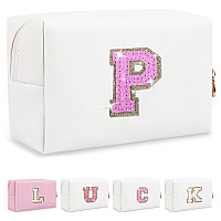 Personalized Initial Letter Makeup Bag Small Preppy Glitter Letter Cosmetic Pouch Pu Waterproof Zipper Travel Toiletry Bag Uni