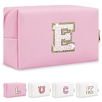 Personalized Initial Letter Makeup Bag Preppy Glitter Letter Patch Cosmetic Pouch Zipperpu Waterproof Travel Toiletry Bag Cute