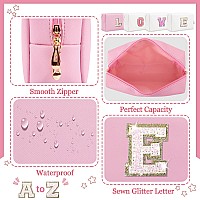 Personalized Initial Letter Makeup Bag Preppy Glitter Letter Patch Cosmetic Pouch Zipperpu Waterproof Travel Toiletry Bag Cute