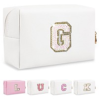 Initial Letter Patch Makeup Bag Preppy Glitter Letter Pouch Cosmetic Bag Small Pu Travel Toiletry Bag Zipper Personalized Monog