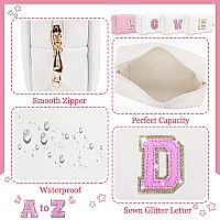 Personalized Initial Letter Makeup Bag Preppy Glitter Letter Patch Cosmetic Pouch Zipper Pu Waterproof Travel Toiletry Bag Cute