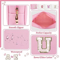 Personalized Initial Letter Patch Makeup Bag Preppy Glitter Letter Makeup Organizer Cute Monogrammed Pouch Cosmetic Bag Pu Lea