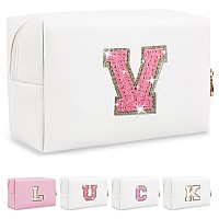 Personalized Initial Letter Patch Makeup Bag Preppy Glitter Letter Makeup Organizer Cute Monogrammed Pouch Cosmetic Bag Pu Lea