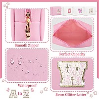 Personalized Initial Letter Patch Makeup Bag Preppy Glitter Letter Makeup Organizer Cute Monogrammed Pouch Cosmetic Bag Pu Lea