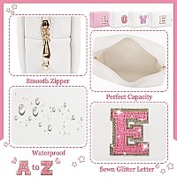 Personalized Initial Letter Makeup Bag Preppy Glitter Letter Patch Cosmetic Pouch Zipper Pu Waterproof Travel Toiletry Bag Cute