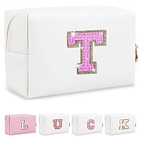 Personalized Initial Letter Makeup Bag Small Preppy Glitter Letter Cosmetic Pouch Pu Waterproof Zipper Travel Toiletry Bag Uni