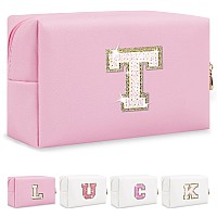 Personalized Initial Letter Makeup Bag Small Preppy Glitter Letter Cosmetic Pouch Pu Waterproof Zipper Travel Toiletry Bag Uni