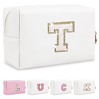 Personalized Initial Letter Makeup Bag Small Preppy Glitter Letter Cosmetic Pouch Pu Waterproof Zipper Travel Toiletry Bag Uni