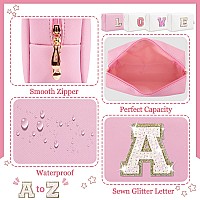 Personalized Initial Letter Makeup Bag Preppy Glitter Letter Patch Cosmetic Pouch Zipper Pu Waterproof Travel Toiletry Bag Cute