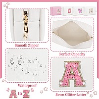 Personalized Initial Letter Makeup Bag Preppy Glitter Letter Patch Cosmetic Pouch Zipper Pu Waterproof Travel Toiletry Bag Cute