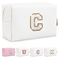 Personalized Initial Letter Makeup Bag Preppy Glitter Letter Patch Cosmetic Pouch Zipperpu Waterproof Travel Toiletry Bag Cute