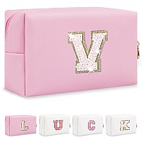 Personalized Initial Letter Patch Makeup Bag Preppy Glitter Letter Makeup Organizer Cute Monogrammed Pouch Cosmetic Bag Pu Lea