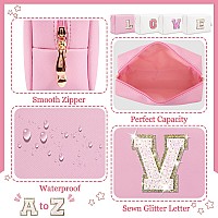 Personalized Initial Letter Patch Makeup Bag Preppy Glitter Letter Makeup Organizer Cute Monogrammed Pouch Cosmetic Bag Pu Lea