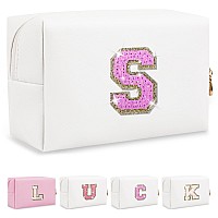 Personalized Initial Letter Makeup Bag Small Glitter Letter Patch Cosmetic Pouch Zipper Preppy Makeup Organizer Pu Waterproof