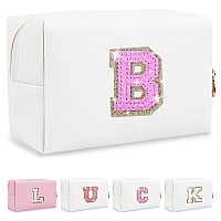 Personalized Initial Letter Makeup Bag Preppy Glitter Letter Patch Cosmetic Pouch Zipperpu Waterproof Travel Toiletry Bag Cute