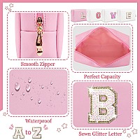 Personalized Initial Letter Makeup Bag Preppy Glitter Letter Patch Cosmetic Pouch Zipperpu Waterproof Travel Toiletry Bag Cute