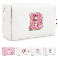 Personalized Initial Letter Makeup Bag Preppy Glitter Letter Patch Cosmetic Pouch Zipper Pu Waterproof Travel Toiletry Bag Cute