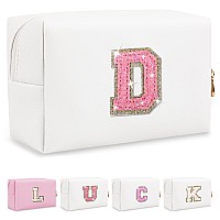 Personalized Initial Letter Makeup Bag Preppy Glitter Letter Patch Cosmetic Pouch Zipperpu Waterproof Travel Toiletry Bag Cute