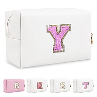 Personalized Initial Az Preppy Patch Makeup Bag Small White Pu Leather Cute Glitter Letter Cosmetic Bag With Zipper Monogram