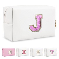 Personalized Initial Az Preppy Patch Makeup Bag Small White Pu Leather Cute Glitter Letter Cosmetic Bag With Zipper Monogram