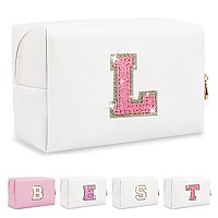 Small Personalized Initial Letter Makeup Bag Preppy Cute White Makeup Bag Cosmetic Zipper Pouch Waterproof Pu Leather Travel T