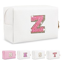 Personalized Initial Letter Preppy Makeup Bag Small Cute White Makeup Bag Cosmetic Zipper Pouch Waterproof Pu Leather Travel T